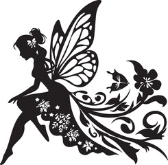 fairy silhouette vector in black and white, featuring a graceful fairy with wings in a magical pose.