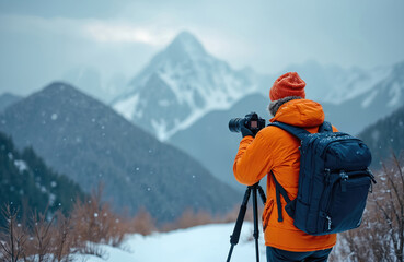 Photographer in orange jacket, beanie, backpack stands on snowy mountain trail. Man uses pro camera on tripod to shoot cold winter landscape. Distant peaks covered by clouds. Light snow falls,