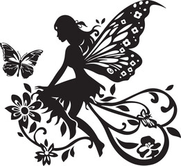 fairy silhouette vector in black and white, featuring a graceful fairy with wings in a magical pose.