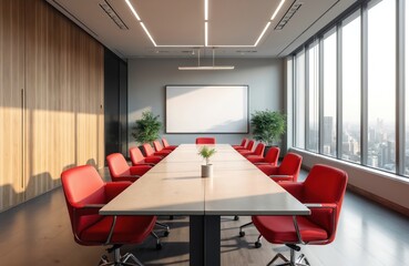 Modern conference room with long table and red chairs. Large windows overlook city skyline. Empty meeting space prepares for business discussion and strategy planning.