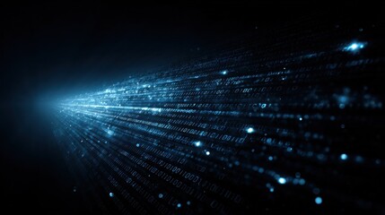 Blue light streaks and glowing binary code create a futuristic digital environment. This abstract background serves as a dark tunnel space for text and data.