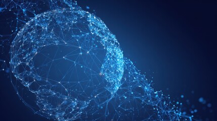 Abstract blue background features a globe composed of intersecting lines and dots, symbolizing a network for global data transfer and connectivity.