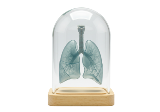 Anatomical lungs model under glass dome isolated, medical science educational resource for healthcare professionals and students