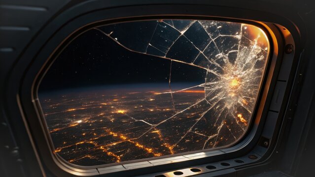 ww3 space warfare A cracked space window reveals a breathtaking view of Earth at night.