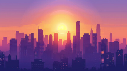 Fototapeta premium Vibrant city skyline at sunset with warm glowing sun and colorful atmospheric gradient sky