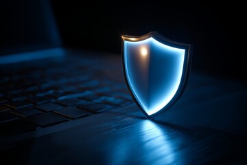 Glowing shield icon hovering above a laptop keyboard, symbolizing cybersecurity protection.