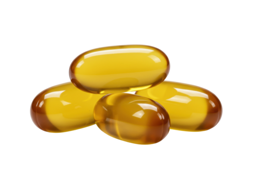 Pile of golden fish oil capsules isolated on transparent background, omega-3 supplement for health and nutrition