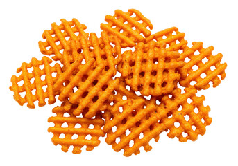 Pile of orange waffle fries isolated on transparent background, crispy snack food for fast food...