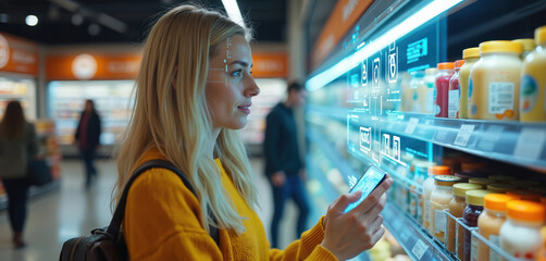 Woman uses phone with AR interface in supermarket food aisle to check product details. Futuristic shopping experience with digital information overlay on shelves. Tech shopper makes informed grocery