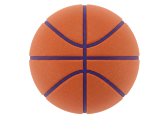 Orange basketball with purple lines isolated on transparent background, sports equipment for basketball games and athletic training