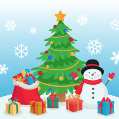 Christmas illustration Decorated tree snowman presents from Santa Claus Happy Holidays