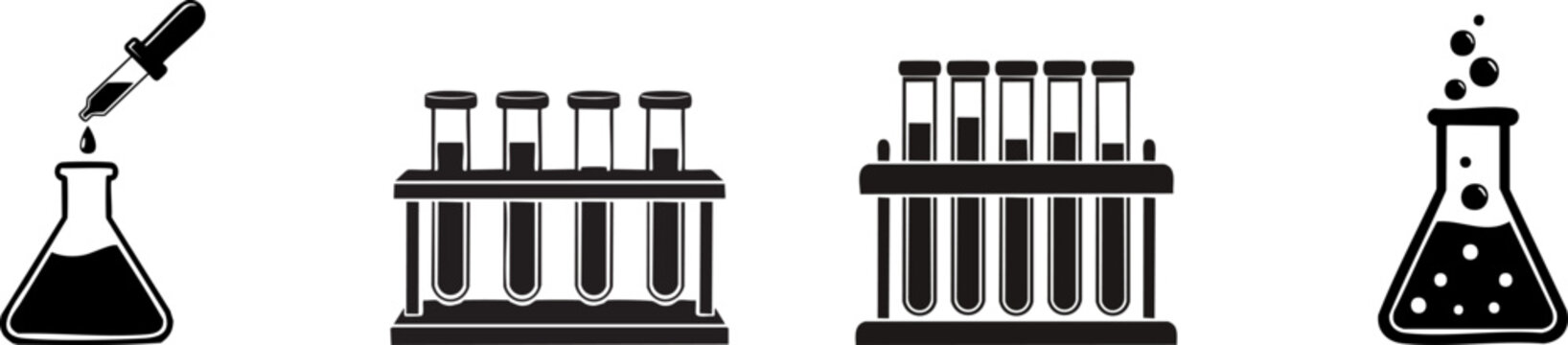 Silhouette of Science and Biology. A collection of laboratory equipment illustrations, featuring a dropper, test tubes, and a flask, all designed in a simple black and white style.
