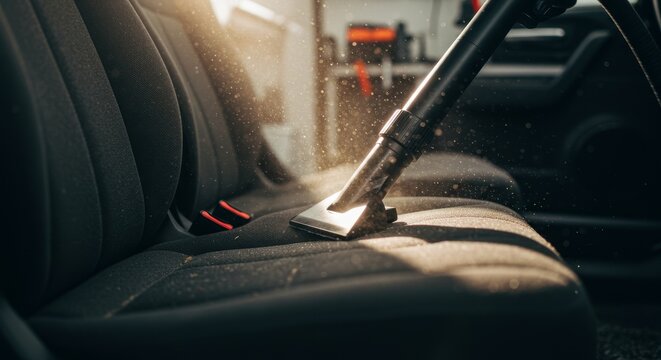 Car interior dry cleaning using a vacuum cleaner for thorough detailing.
