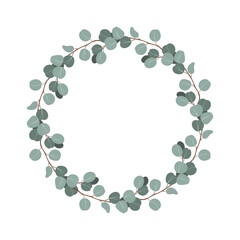 Eucalyptus Leaves Wreath Elegant Natural Greenery Design Round Floral Arrangement Botanical Decor . Hand drawn flat vector illustration isolate on white .