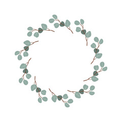 Eucalyptus Leaves Wreath Elegant Natural Greenery Design Round Floral Arrangement Botanical Decor . Hand drawn flat vector illustration isolate on white .