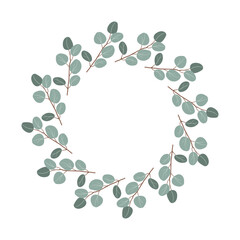 Eucalyptus Leaves Wreath Elegant Natural Greenery Design Round Floral Arrangement Botanical Decor . Hand drawn flat vector illustration isolate on white .