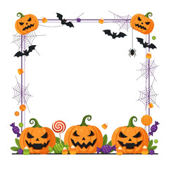 Halloween frame with pumpkins, bats, spiderwebs, and candies.