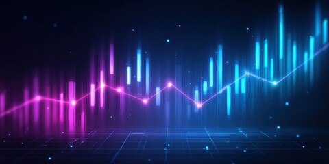 Fototapeta premium Economic supply forecasting concept. A vibrant digital graph showcasing fluctuating data trends in pink and blue against a dark background.