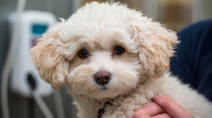 Cute fluffy dog being held closely by its owner, showcasing its adorable face and curly fur in a bright, indoor setting