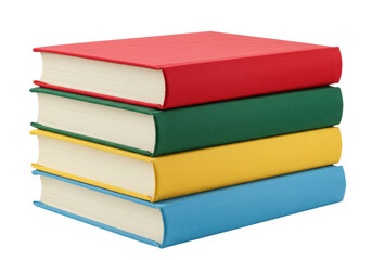 Stack of four colorful hardcover books isolated, red green yellow and blue books for education and reading concept