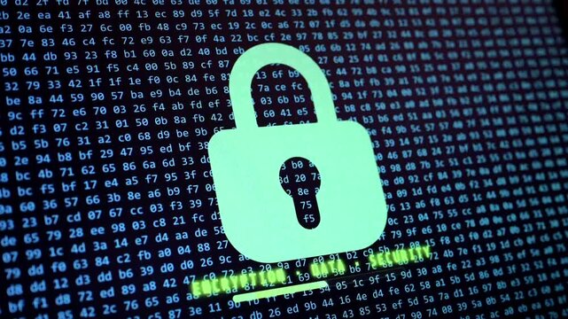 Digital padlock and key icon on hexadecimal code background with glowing &ldquo;Decryption Data Security&rdquo; text, representing data decryption, secure access, cyber protection, and digital safety.
