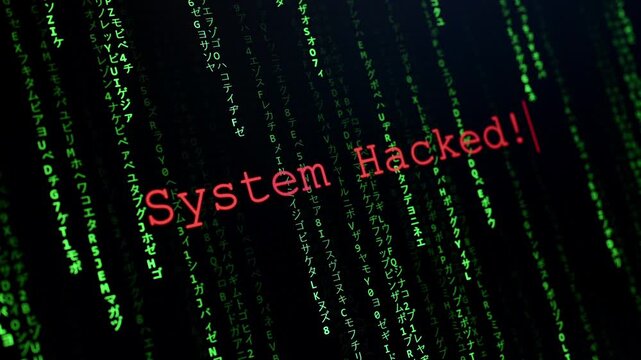 Warning message System Hacked!! over green matrix code background, representing cyber attack, data breach, hacking, and digital security threat