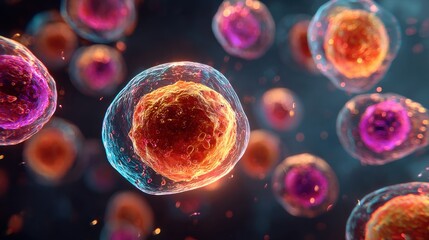 Naklejka premium Bright and detailed depiction of various cells floating in a vibrant background. The intricate structure showcases the beauty of biology in a commercial style.