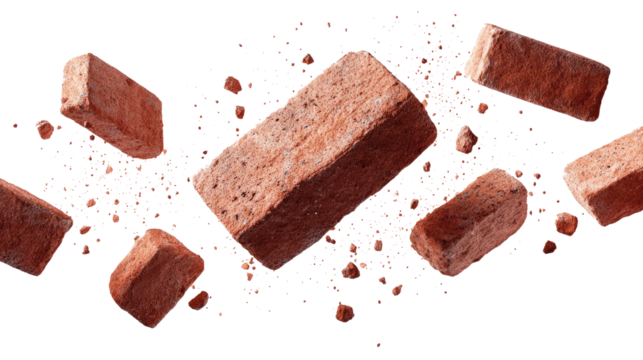 Floating Bricks and Small Pieces of Bricks isolated on transparent background Remove png, Clipping Path, pen tool