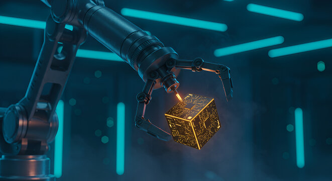 Advanced robotic arm precisely manipulates a glowing golden cube in a futuristic, high-tech laboratory with blue neon lighting.