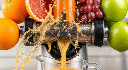 Vibrant and Refreshing: A Close-Up of Fruit Juicer Extracting Fresh Juice with Splashes and Assorted Fruits