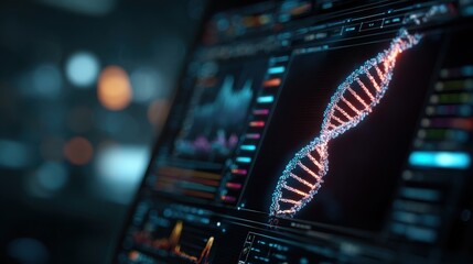 A high-tech computer interface displays a glowing DNA structure as researchers analyze lung cancer genes. The lab is equipped with advanced technology and dramatic lighting.