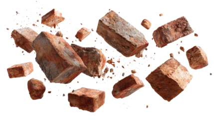 Floating Bricks and Small Pieces of Bricks isolated on transparent background Remove png, Clipping Path, pen tool