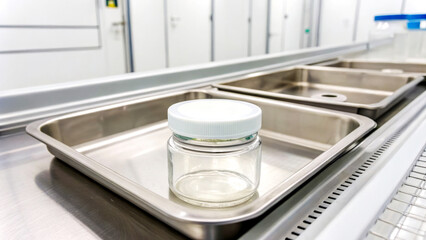 Laboratory Experiment Conducting Science Research Modern Science Laboratory Glass Container on Stainless Steel Tray Clean Environment Overhead View Scientific Exploration