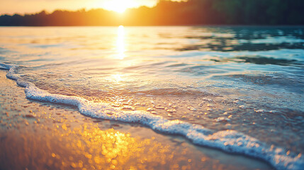 Gentle Waves Lapping on Shore During Sunset with Glowing Reflections on Calm Water Surface