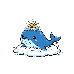 Fototapeta premium Adorable blue whale cartoon character wearing a crown and floating in bubbles, perfect for children's designs and cute illustrations