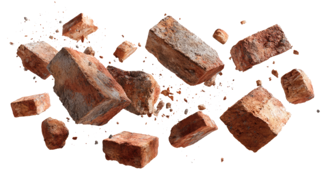 Floating Bricks and Small Pieces of Bricks isolated on transparent background Remove png, Clipping Path, pen tool