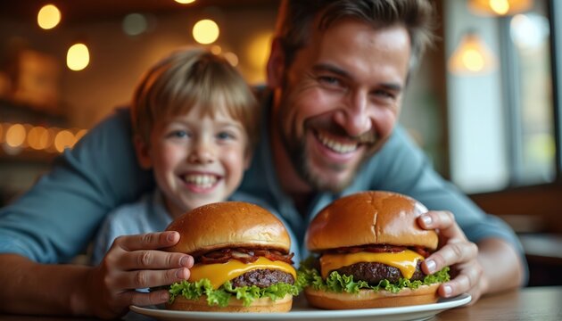 Father and son enjoy delicious burgers at restaurant. They are smiling happy and share meal together. Family bonding over lunch. Concept of togetherness family time and childhood happiness.