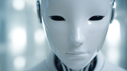 Faceless android features sleek, minimalist design with a smooth white surface. The blurred laboratory background enhances the cybernetic theme of the scene.