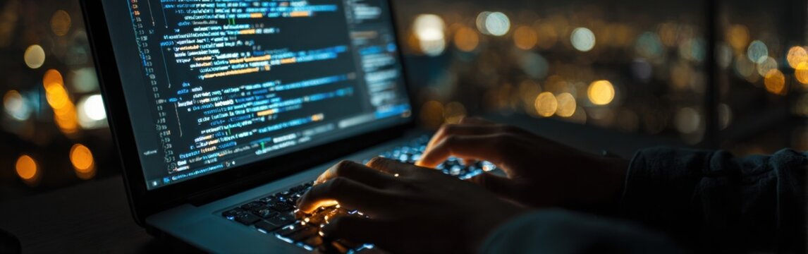 Late-night coding session using SAP S4HANA software on a laptop while overlooking a bustling cityscape filled with lights.