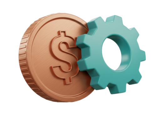 Bronze coin with dollar sign and turquoise gear isolated on transparent background, financial mechanism concept in PNG format - Powered by Adobe