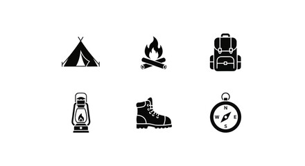 Essential camping gear icons for outdoor adventures