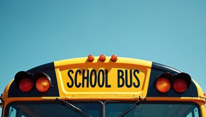 Close up of a bright yellow school bus front against a clear blue sky. Features black trim red orange lights and SCHOOL BUS text. Vehicle for student transport ready for routes.