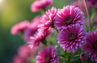 Obraz premium Closeup view shows vibrant pink daisy flowers in garden. Sunlight enhances bloom beauty. Floral backdrop fresh spring blossom. Petals create vivid colors on green background. Tender plant in sunlight.