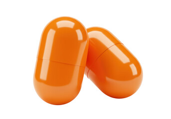 Two orange capsules isolated on transparent background, medication supplement for health and pharmaceutical industry