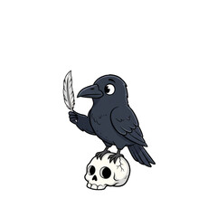 Fototapeta premium Whimsical raven perched atop skull, holding quill feather, perfect for Halloween designs or storybook illustrations, cute cartoon character with spooky vibes