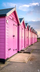 Fototapeta premium A long row of vibrant pink beach huts by the sea