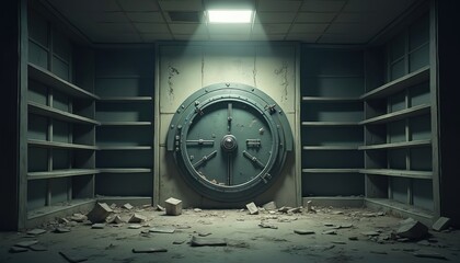 Old bank vault with empty shelves littered with debris. Metal circular door is closed with rubble on floor. Gloomy interior of secure storage area.