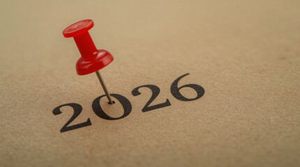Red pushpin marking the year 2026 on a textured paper background