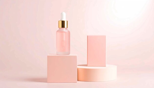 Minimalist cosmetic dropper bottle mockup with gold details on pink geometric pedestals, ideal for serum, oil, or skincare product presentations, beauty branding, and clean packaging design template