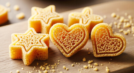 Delicious heart and star shaped confections on a wooden surface with scattered crumbs